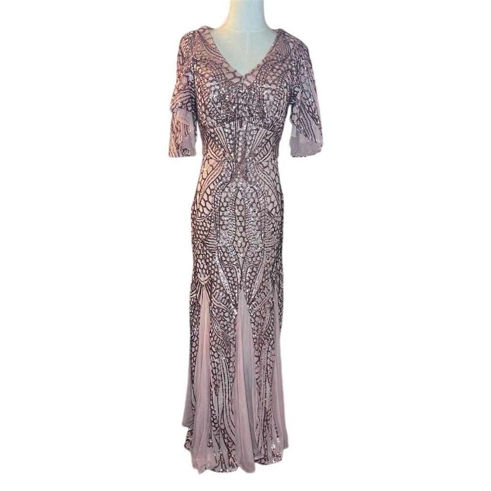 Night Way Collections Women's Size 8 Mauve Sequin Long Gown Flutter Sleeves